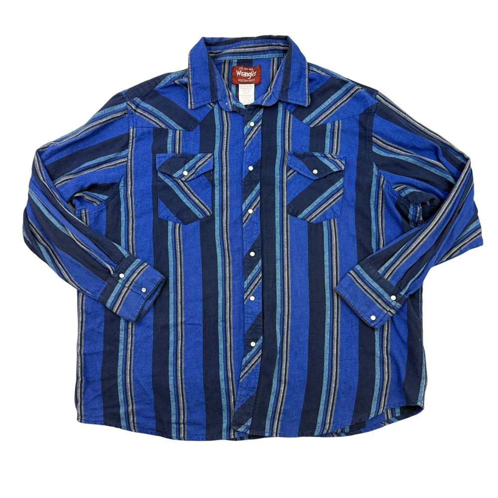 Wrangler Western Shirt Mens 2XL Blue Striped Pearl Snap Long Sleeve Flannel 90's